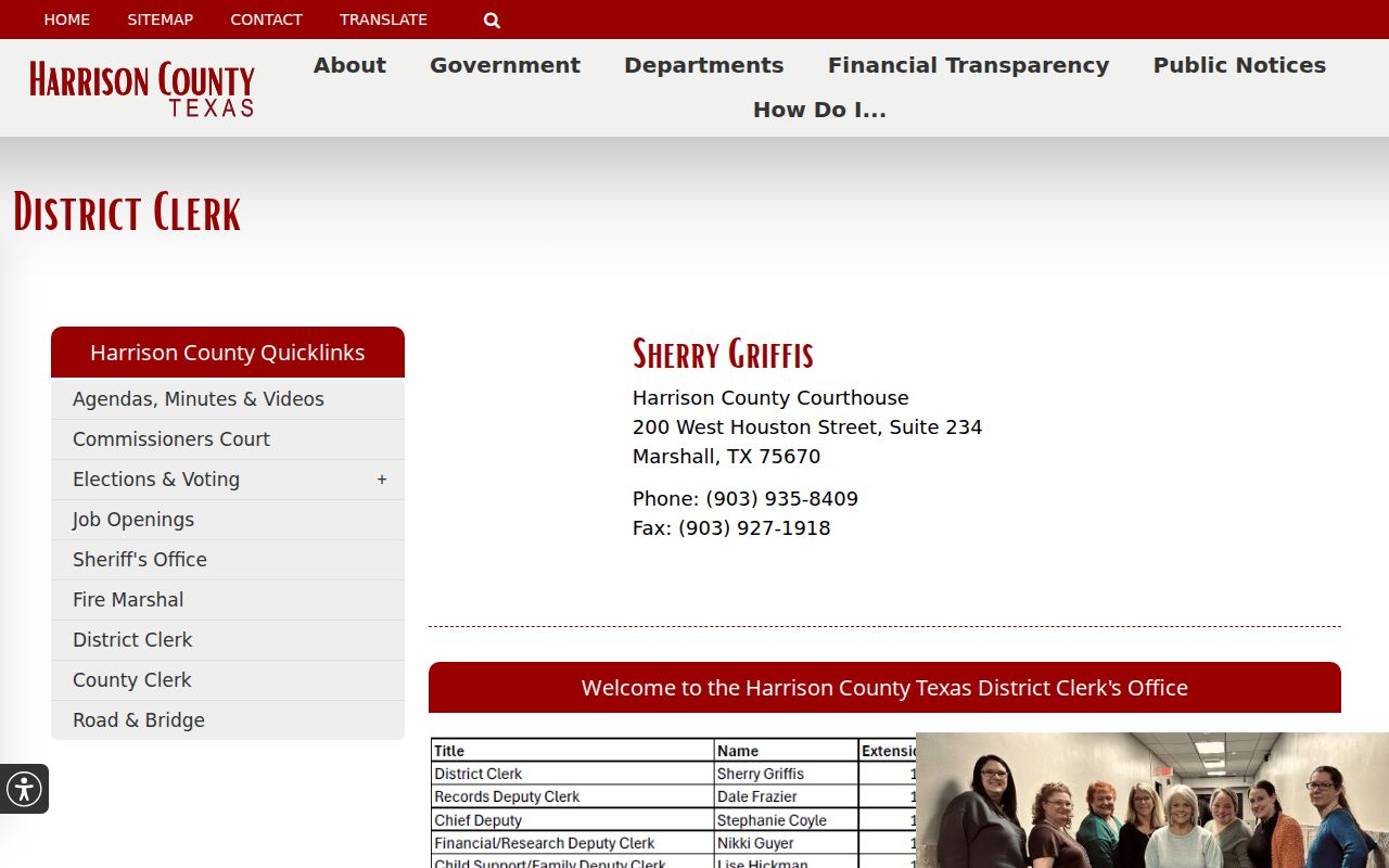Harrison County District Clerk page describing adult felony records and copy requests