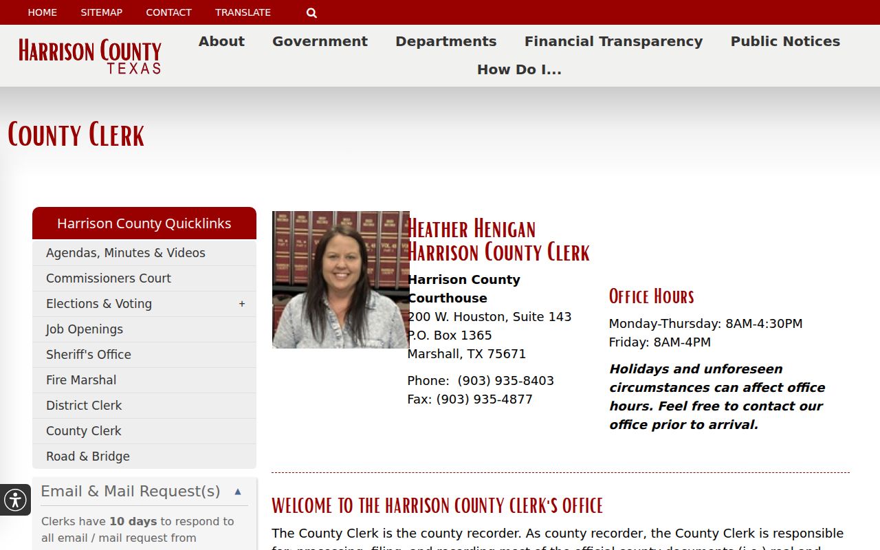Harrison County County Clerk page showing misdemeanor and felony record routing