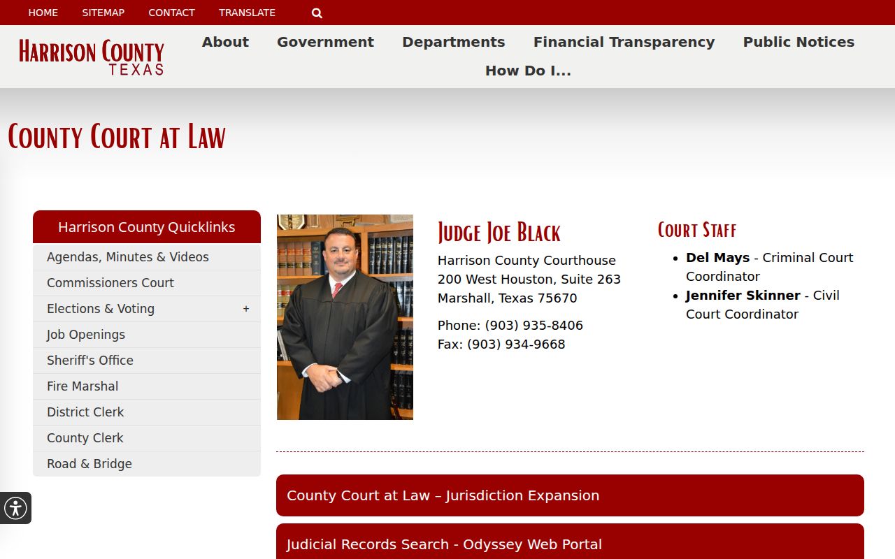 Harrison County Court at Law contact page listing county criminal dockets including Capias Pro Fine