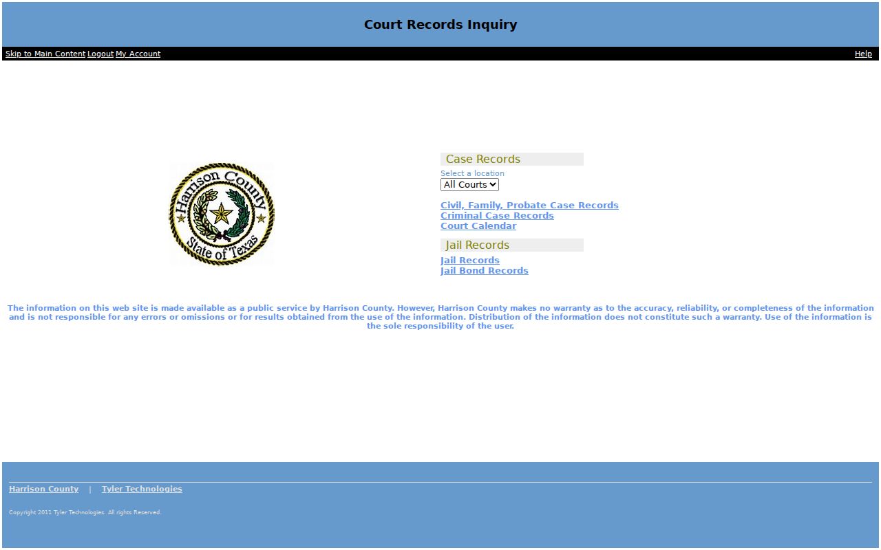Harrison County public-access portal landing screen showing access unavailable during inspection