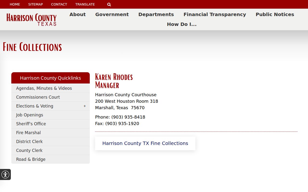 Harrison County Fine Collections office information and phone route