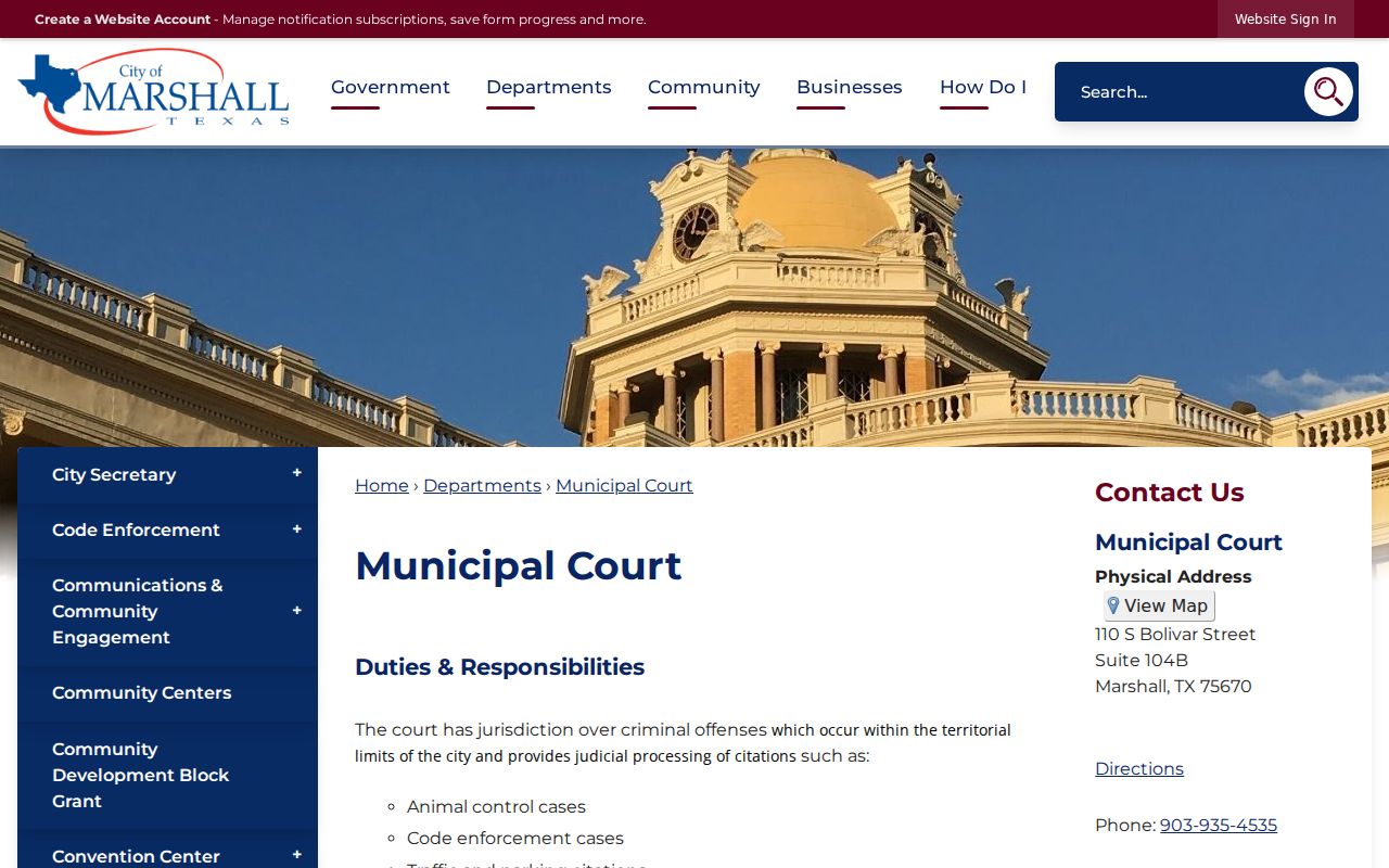 Marshall Municipal Court page with court address, payment, and warrant-status contact information