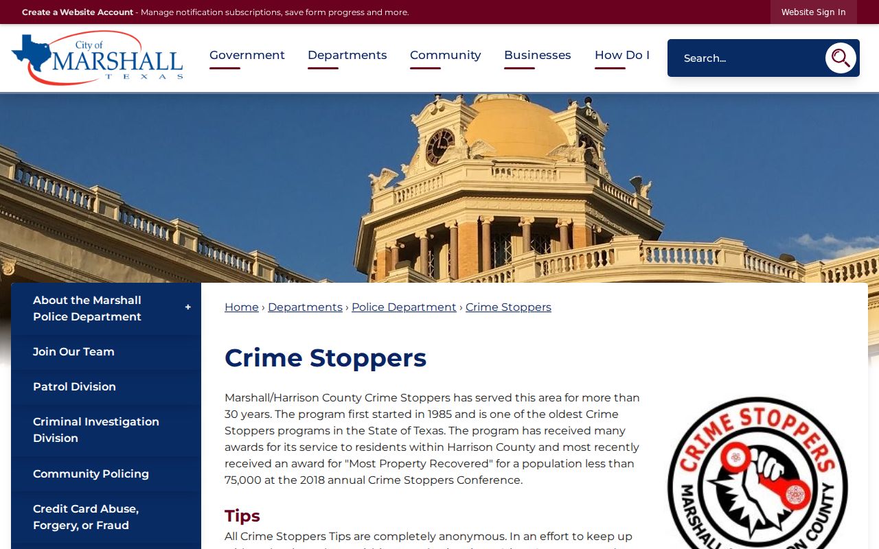 Marshall and Harrison County Crime Stoppers anonymous tip information
