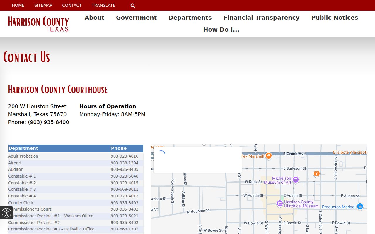 Harrison County contact directory with courthouse address and department routes