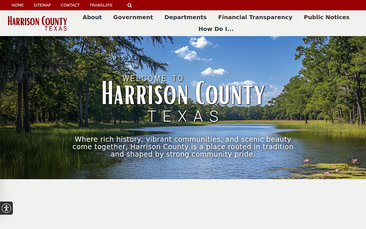 Harrison County government homepage with courthouse and department links