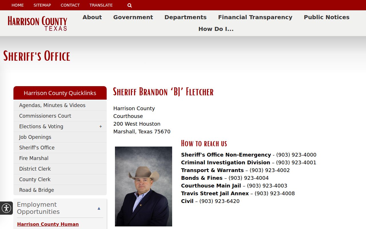 Harrison County Sheriff contact page with distinct Transport and Warrants and jail contact lines